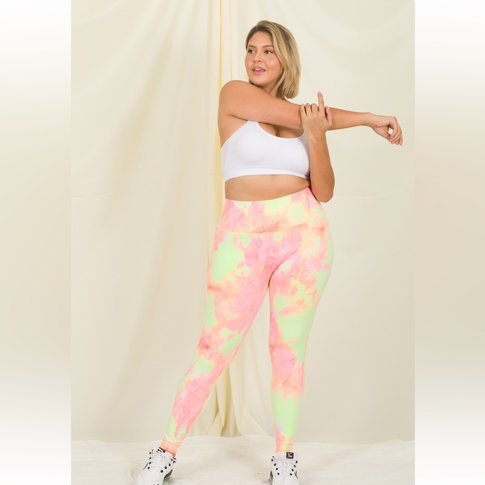 NWT! Plus Neon Yellow Pink ATHLETIC TIE DYE HIGH WAISTED LEGGINGS
